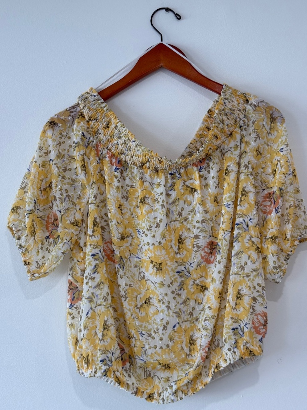 Joie Yellow Floral Smocked Off Shoulder Blouse Women’s Large Boho Top
